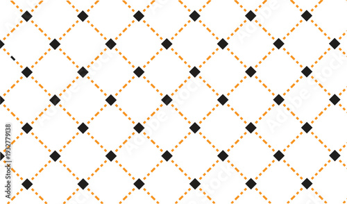 Orange diagonal dotted line pattern with black diamond shape accents on transparent grid background repeating seamless geometric layout for abstract texture design needs