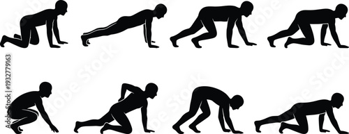 Crawling exercise silhouettes, ground movement vector, bodyweight workout design, mobility strength art, fitness coordination illustration - flat vector illustration