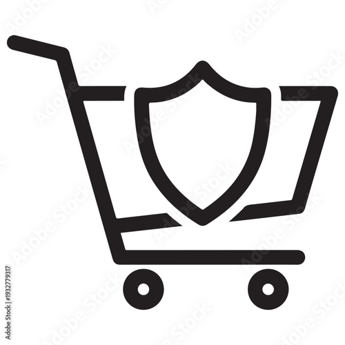 Minimalist shopping cart icon with a security shield representing safe online transactions and buyer protection for e-commerce websites and digital payment security concepts.