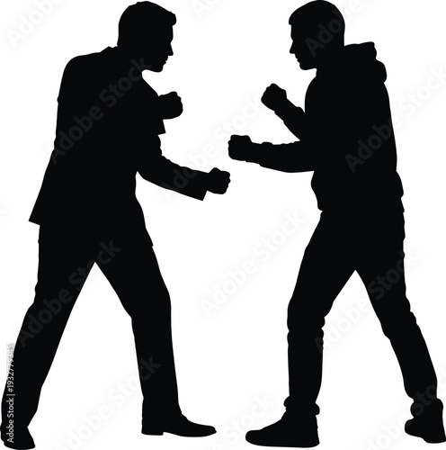 Flat vector illustration, confrontation silhouettes set, fighting stance, conflict icons, tension design, combative posture, people sketch, social outline