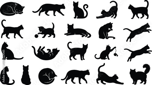 Flat vector illustration, cat silhouettes set, feline poses, sitting, walking, running, jumping, playing, stretching, sleeping, animal design, pet outline