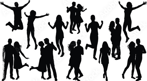 Flat vector illustration, couples silhouettes set, dancing, embracing, walking, jumping poses, romantic design, lifestyle sketch, relationship outline, people icons