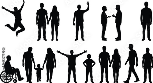Flat vector illustration, human interaction silhouettes set, family, couples, children, wheelchair, social design, lifestyle sketch, diversity outline, people iconsFlat vector illustration