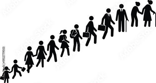 Flat vector illustration, human life cycle silhouettes set, childhood to old age, family growth, generational design, social sketch, timeline outline