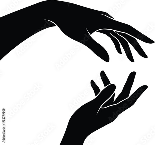 Flat vector illustration, helping hands silhouette, support gesture, compassion design, reaching hands, connection symbol, empathy icon, minimalistic graphic outline