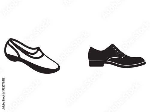 Black and white illustration of a flat shoe and a lace up dress shoe  footwear  fashion accessories  shoes