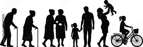 Flat vector illustration, human life cycle silhouettes set, family growth, aging process, generational design, social sketch, timeline outline, people icons