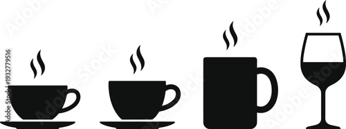 Flat vector illustration, hot drinkware silhouettes set, steaming teacup, coffee cup, mug, wine glass, beverage design, kitchenware sketch, outline