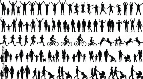 Flat vector illustration, human silhouettes set, walking, running, cycling, family, pets, strollers, celebration poses, lifestyle design, social sketch, outline