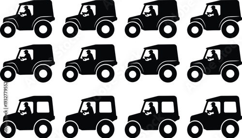 Flat vector illustration, jeep driver silhouettes set, vehicle poses, driving figures, transportation design, automotive sketch, technical drawing, off-road style, outline