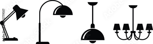 Flat vector illustration, lamp silhouettes set, desk lamp, floor lamp, pendant lamp, chandelier, lighting design, interior sketch, technical drawing, outline