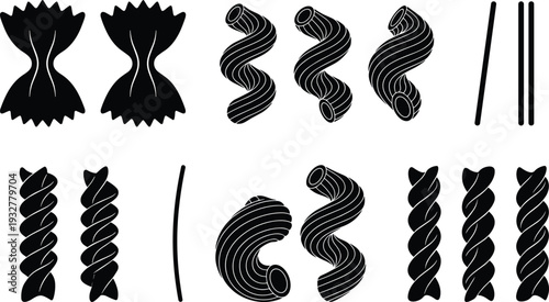 Flat vector illustration, pasta silhouettes set, bow-tie farfalle, twisted rotini, spaghetti tubes, fusilli spirals, culinary design, food sketch, outline icons