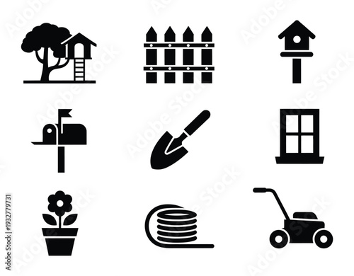 Garden icon set featuring swing, birdhouse, trowel, hose, flowerpot, fence, and lawn mower, perfect for backyard visuals, landscaping projects, gardening apps, and outdoor design illustrations