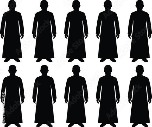 Flat vector illustration, robe-wearing people silhouettes set, standing figures, cultural clothing design, traditional outfit sketch, human icons, technical outline