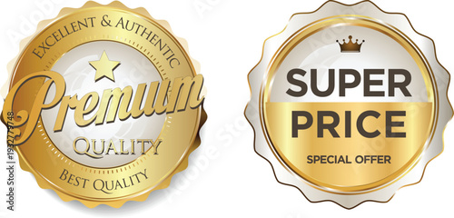 Two gold premium and super price labels on white background