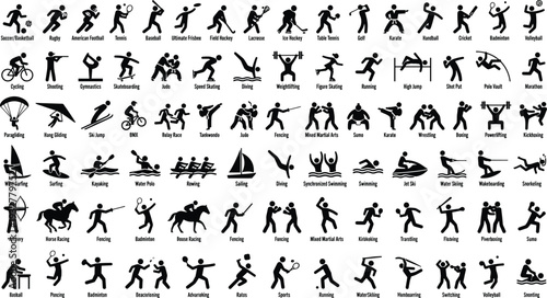 Flat vector illustration, sports pictograms set, athletic activities, soccer, basketball, tennis, rugby, baseball, swimming, cycling, martial arts, fitness icons