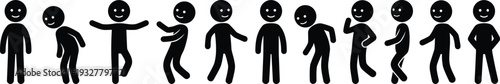 Flat vector illustration, stick figure silhouettes set, smiling faces, dancing, jumping, standing, casual poses, human icons, design template, outline
