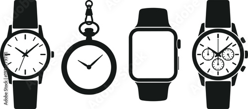 Flat vector illustration, timepiece silhouettes set, wristwatch, pocket watch, smartwatch, chronograph, clock design, watch sketch, technical drawing, outline
