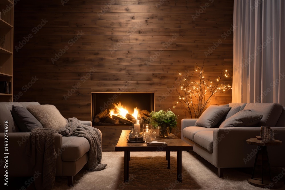 Fototapeta premium Modern living room providing comfort and relaxation with burning fireplace and soft illumination