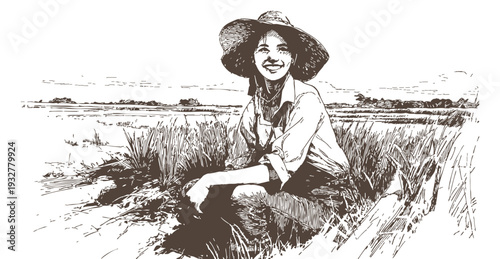 Smiling woman farmer sitting rice field landscape. Young female farmer resting in rural scenery, peaceful agricultural moment. Pencil hand drawn sketch style illustration for farming publications.