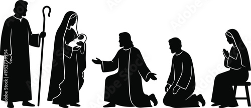 Nativity scene silhouettes, Christmas manger vector, holy family design, Christian tradition art, religious holiday illustration - flat vector illustration