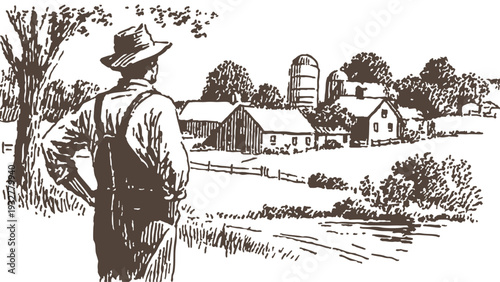 Farmer observing traditional farm buildings and silos. Peaceful countryside with barns, trees and open agricultural land. Hand drawn line sketch style illustration. Banner for rural publications.