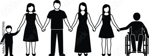 Inclusive community silhouettes, diversity unity vector, family support design, accessibility representation art, people holding hands illustration - flat vector illustration