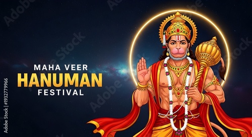 Illustration of hanuman, hindu god, with mace. Maha veer hanuman festival.
