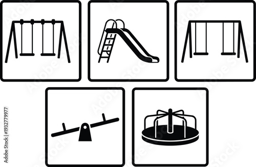 Playground equipment icons collection, swing sets, slide, seesaw, merry-go-round, recreational design symbols – flat vector illustration