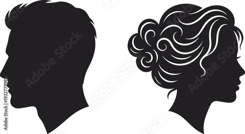 Profile silhouette illustration, male female head vector, hairstyle contrast design, people face art, duality concept - flat vector illustration