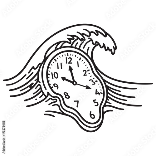 Surreal Melting Clock Merged with a Crashing Ocean Wave Illustration, Hand-Drawn Black and White Line Art Tattoo Design Representing the Fluidity of Time, Minimalist Artistic Graphic.