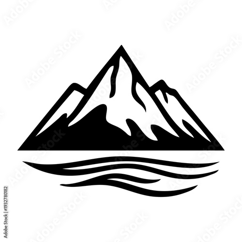 Logo agencia de viajes. Vacaciones de verano. Dibujo sencillo con siluetas de un paisaje con isla con montaña y olas de mar