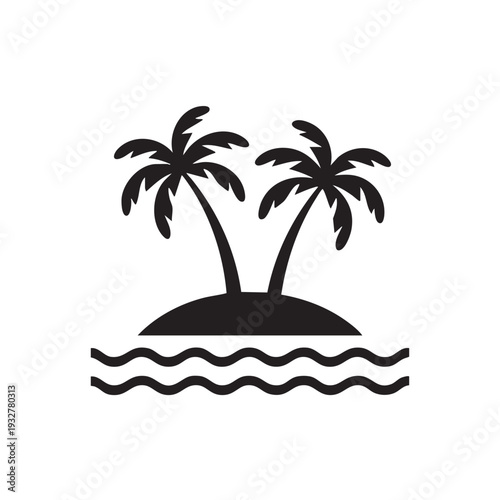 A serene island with two palm trees standing tall on a small hill surrounded by wavy ocean waters viewed from a distant perspective