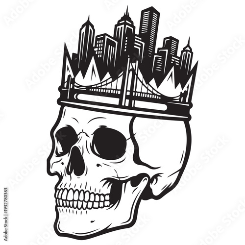 Human Skull Wearing a Crown of Skyscrapers and a Suspension Bridge, Black and White Vector Illustration Representing Urban Power, Mortality, and the Concrete Jungle Lifestyle.