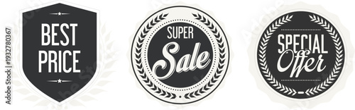 Three black and white sale badges on a white background
