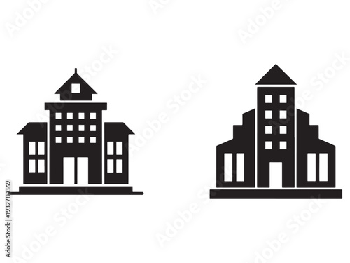 Black and white illustration of two simple buildings with windows and roofs  buildings with simple architectural details