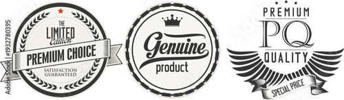 Three black and white quality guarantee labels