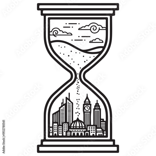 Minimalist Black and White Hourglass Illustration Featuring a Desert Landscape in the Top Bulb and a Modern Cityscape in the Bottom, Symbolizing Time, Urbanization, and Environmental Change.