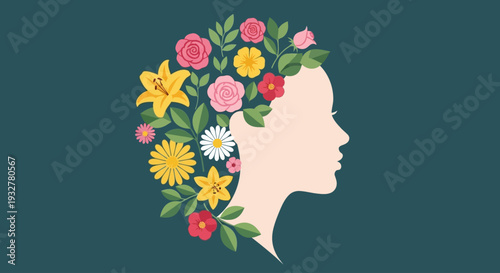 A woman's head with flowers in her hair symbolizing mental health and wellness