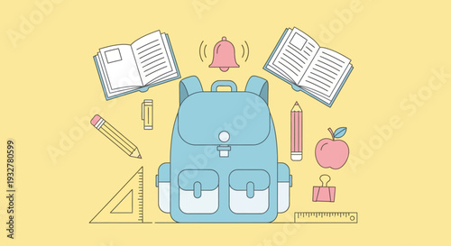 A blue backpack surrounded by school supplies on yellow