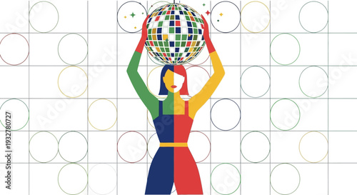 A vibrant illustration of a woman holding a disco ball