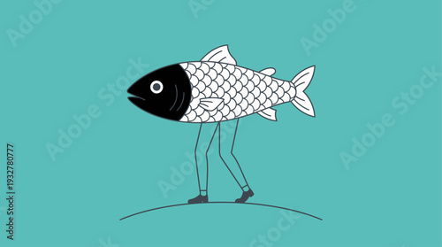 Minimalist Surreal Fish with Human Legs Illustration – Modern Whimsical Vector Art