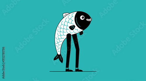 Minimalist Surreal Fish with Human Legs Illustration – Modern Whimsical Vector Art