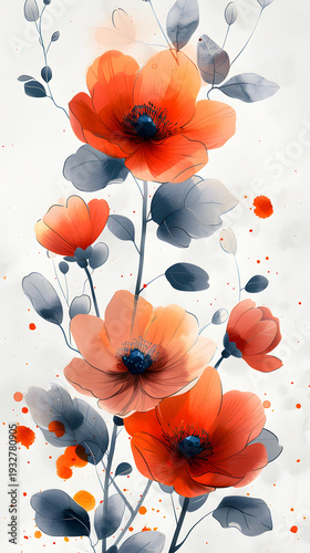 Graceful vertical arrangement of vibrant orange poppy flowers with dark gray leaves and artistic watercolor splatters