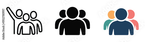 Group of people icon set in different style featuring diverse human figures, teamwork, collaboration, and social connection symbols