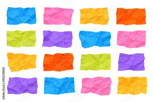 Colorful crumpled paper scraps set. Bright wrinkled texture collection isolated on transparent background