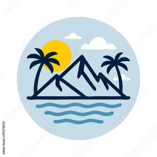 Logo agencia de viajes. Vacaciones de verano. Dibujo sencillo con líneas de un paisaje con la palma, isla, nubes, sol y olas de mar en círculo 