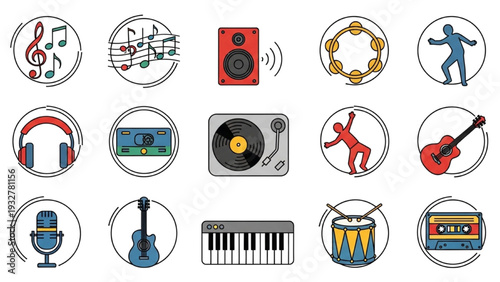 Birthday Music and Joy Icon Sheet, Minimalist Line Art Vector Set with Musical Notes, Speaker, Vinyl Record and Dancing Silhouette, Party Symbols.