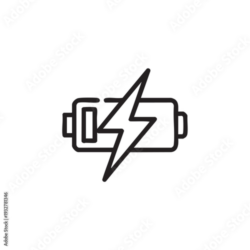 A simple line drawing of a battery with a lightning bolt symbol overlaid on it, representing charging or electric energy, in a minimalist style on a plain background from a straightforward viewpoint.