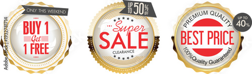 Three gold and red sale stickers on a white background